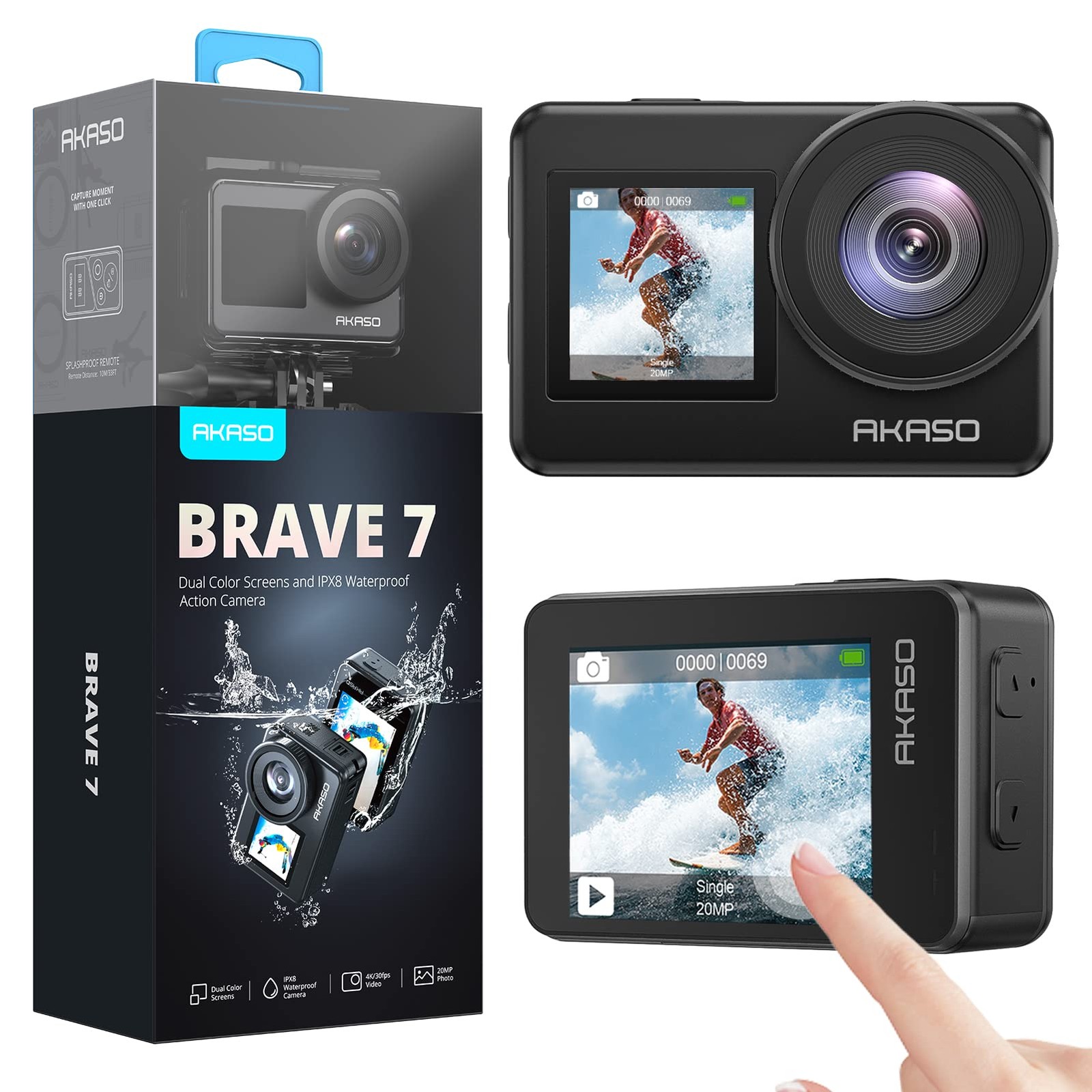 AKASO Brave 7 4K30FPS 20MP WiFi Action Camera with Touch Screen IPX8 Black