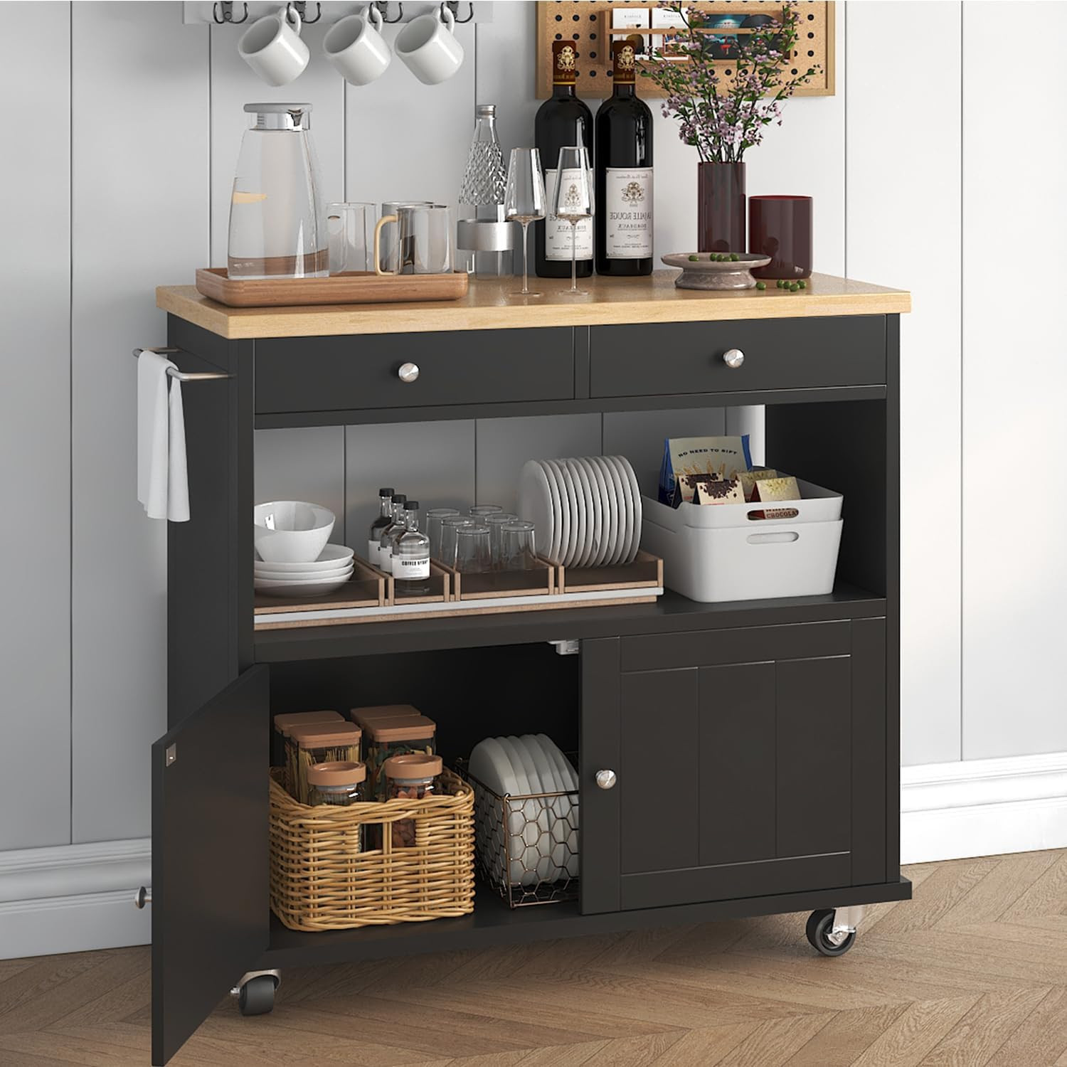 Portable Rolling Kitchen Island with Storage, 2 Drawers & Lockable Wheels