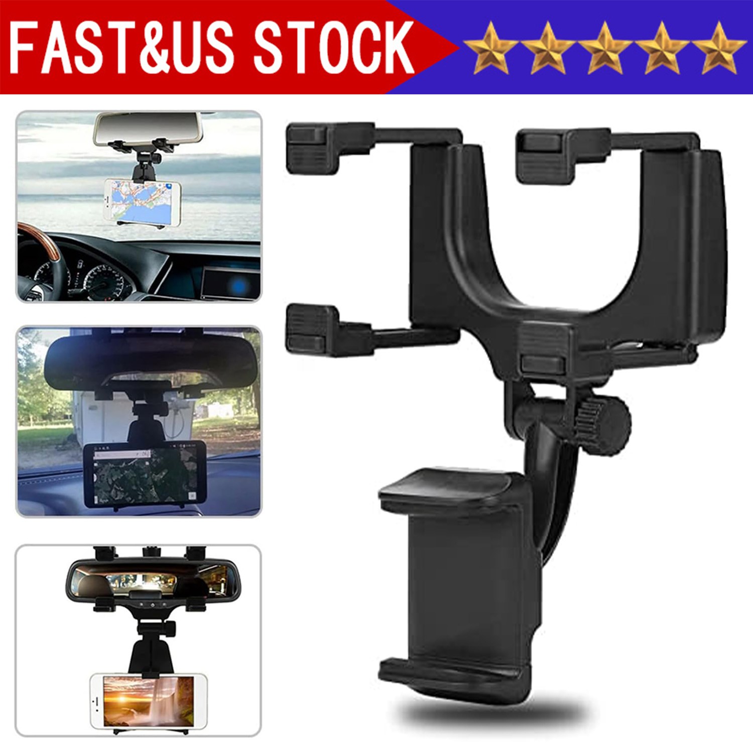 Universal 360 Rotation Car Rear View Mirror Mount Stand GPS Cell Phone Holder US