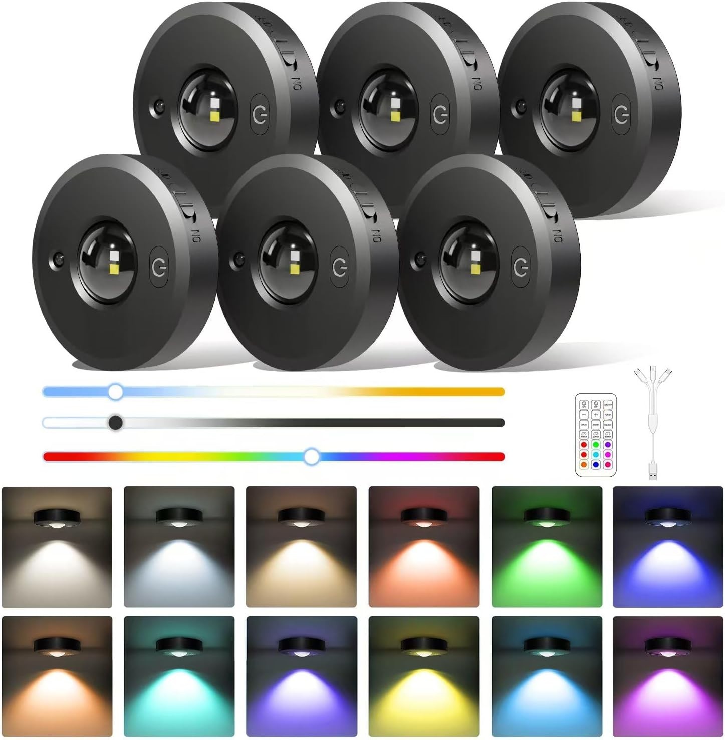 Yesenlight Rechargeable Puck Lights with Remote - 6 Pack LED Under Cabinet Li...