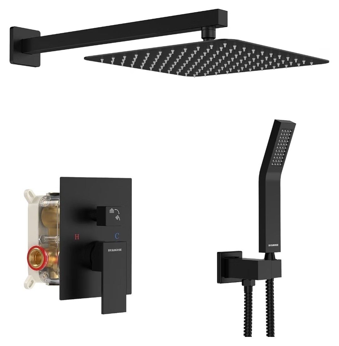 SR SUN RISE Rain Shower System Black 10" Shower Head Valve Set Open Box