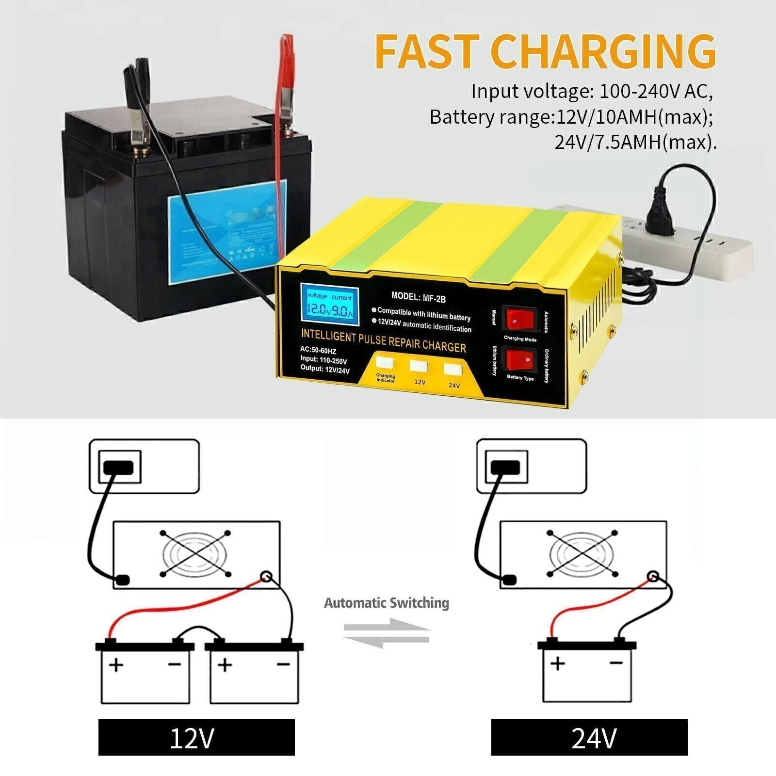 Heavy Duty 400A Car Battery Charger 12V/24V Smart Automatic Pulse Repair Trickle