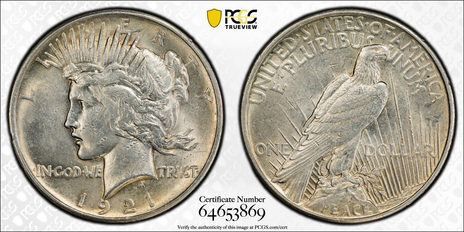 1921 Peace Silver Dollar PCGS AU58 High Relief