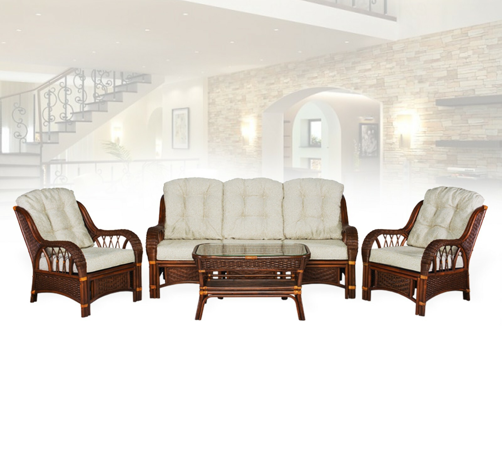 Alexa Living ThreeSeater Natural Rattan Wicker Handmade w Cushions, White