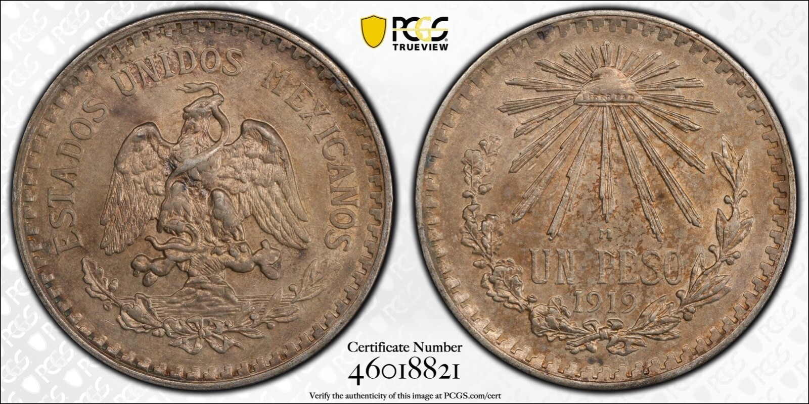 MEXICO ESTADOS UNIDOS  1919  1 PESO SILVER COIN, PCGS CERTIFIED CHOICE AU58