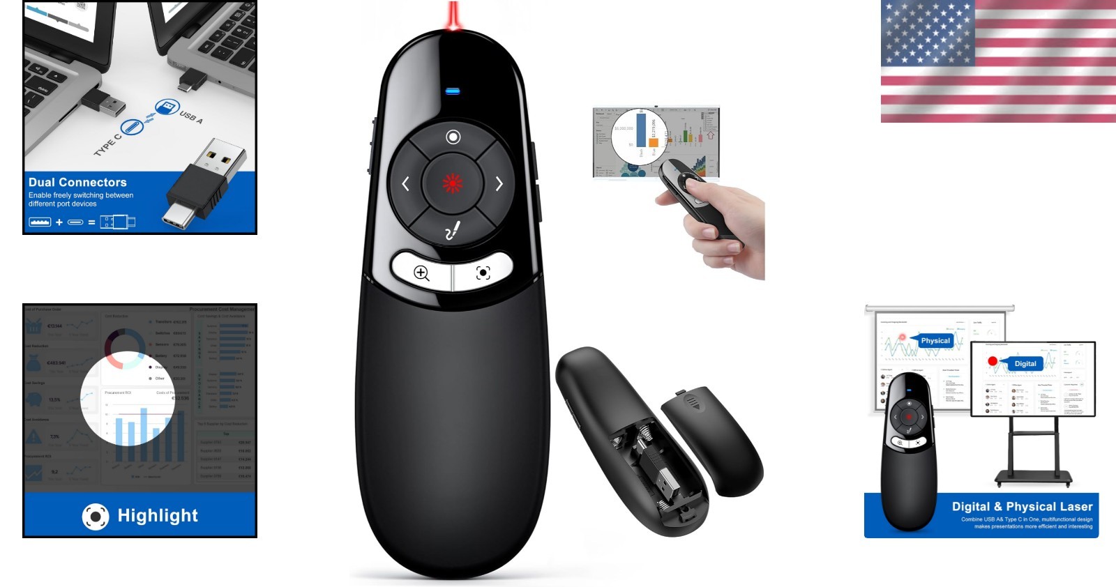 Versatile Wireless Presenter Remote for PowerPoint - USB A/C | 164 ft Range