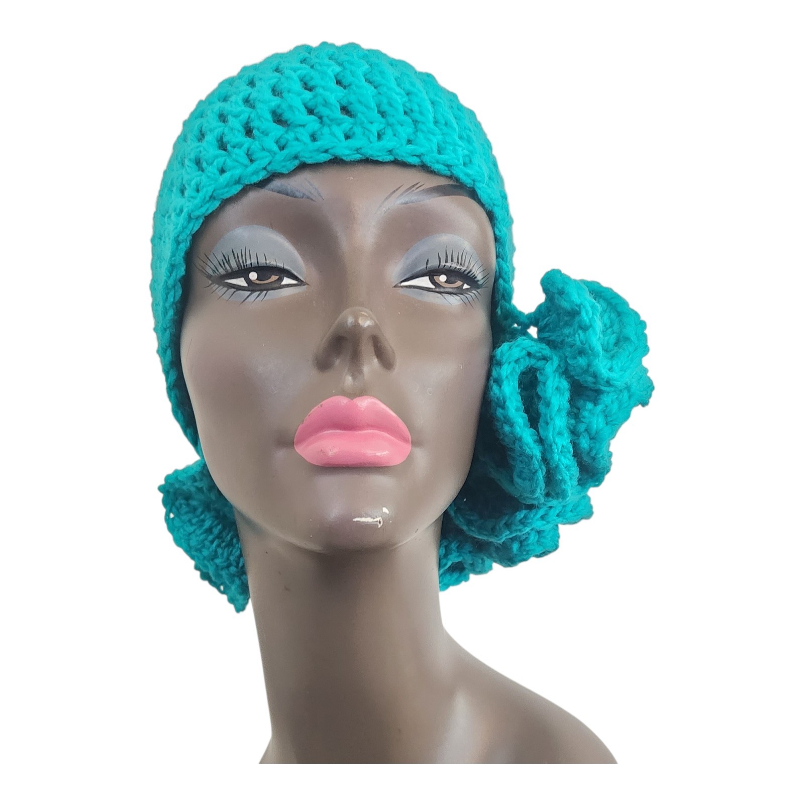 crochet ruffle hat Turquoise Yarn Lightweight and soft to the touch. One size