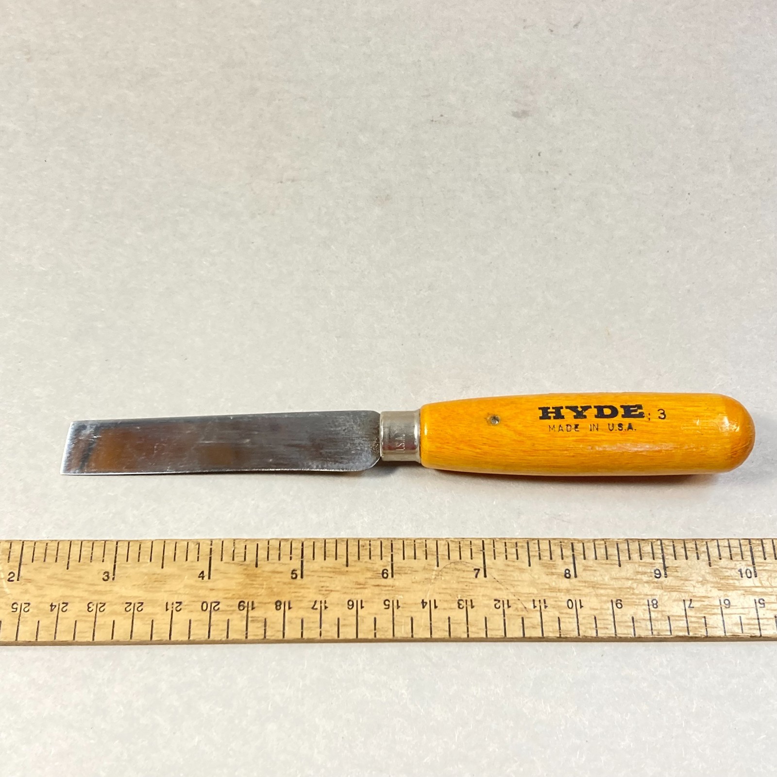 Hyde Shop Knife Leather Flat Tip Blade Wood Handle #3 USA