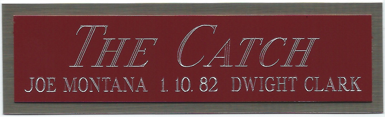 THE CATCH 49ERS JOE MONTANA/DWIGHT CLARK NAMEPLATE Signed FOOTBALL-HELMET-PHOTO