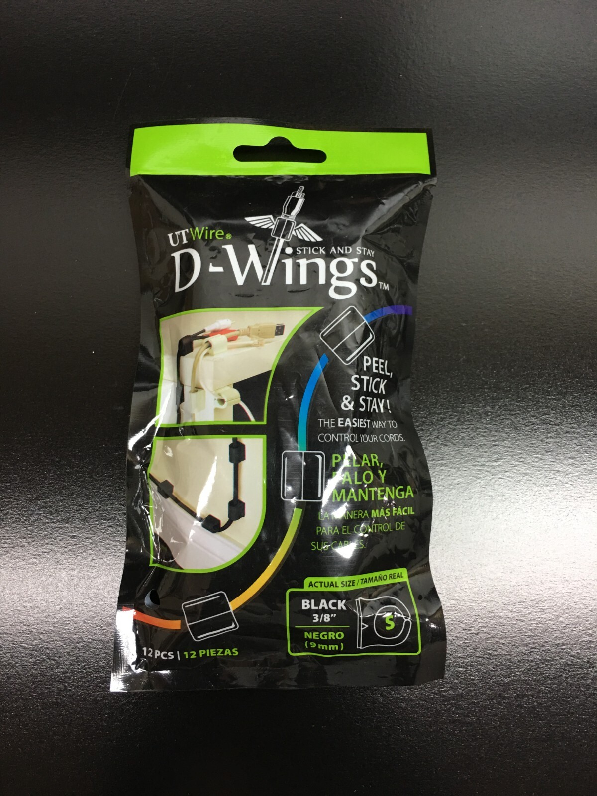 UTWire D-Wings Stick And Stay UTW-9D12-BK Cord Clip Organizer 3/8" Black