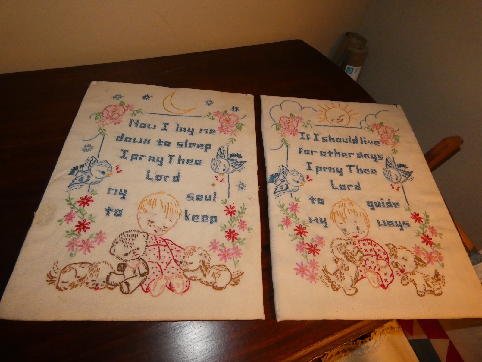 Now I Lay Me Down to Sleep Cross Stitch Embroidered Samplers Vintage Hand Sewn