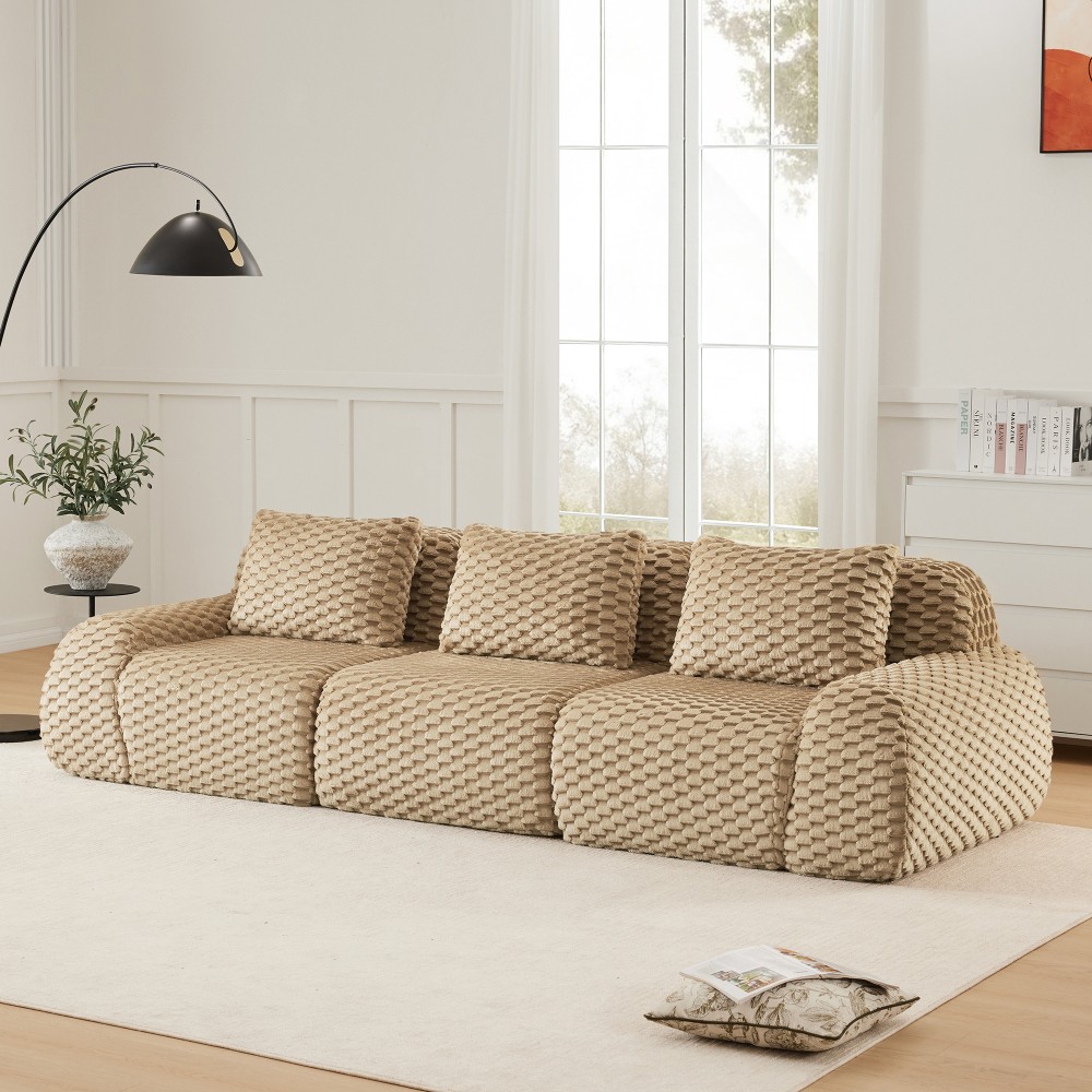 114" Modular Sofa Compressed Couch w/ Flannelette Fabric, 3-Seater, Light Camel