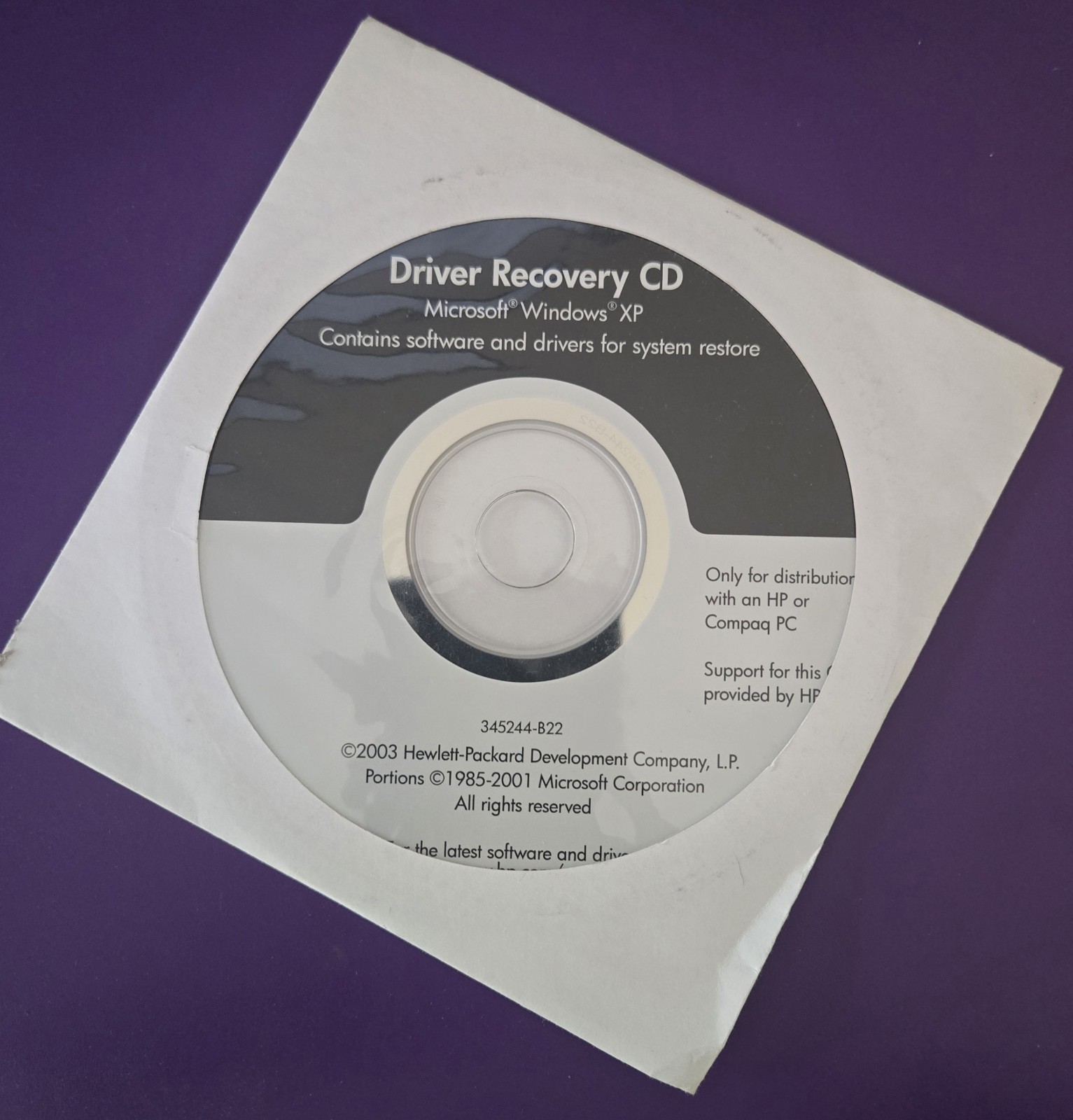 Windows XP Driver recovery CD HP and Compaq 2003 Used Open sleeve