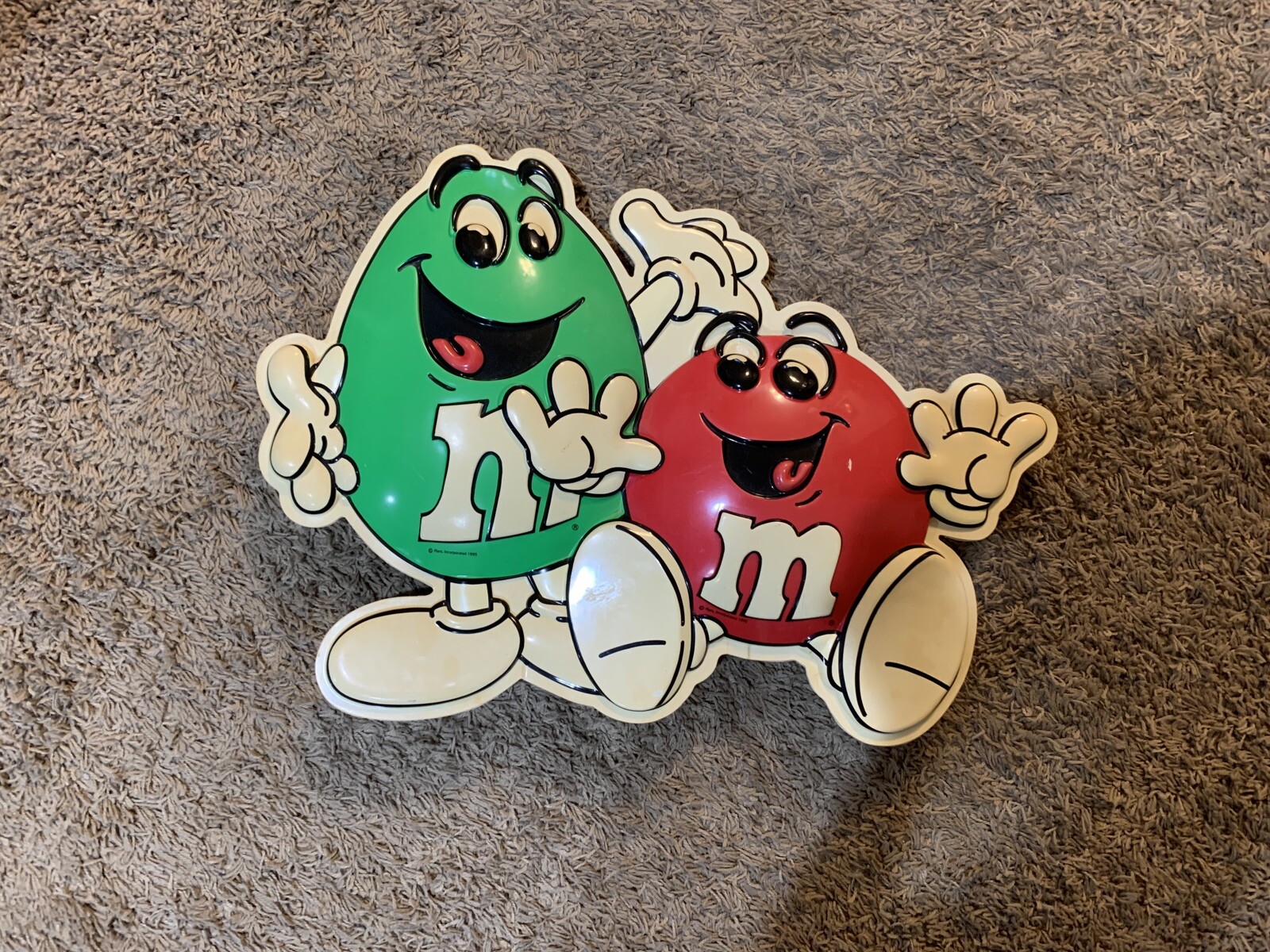 1995 M&M's Red & Green 2-Sided Plastic Store Display Sign Mars Candy Vintage