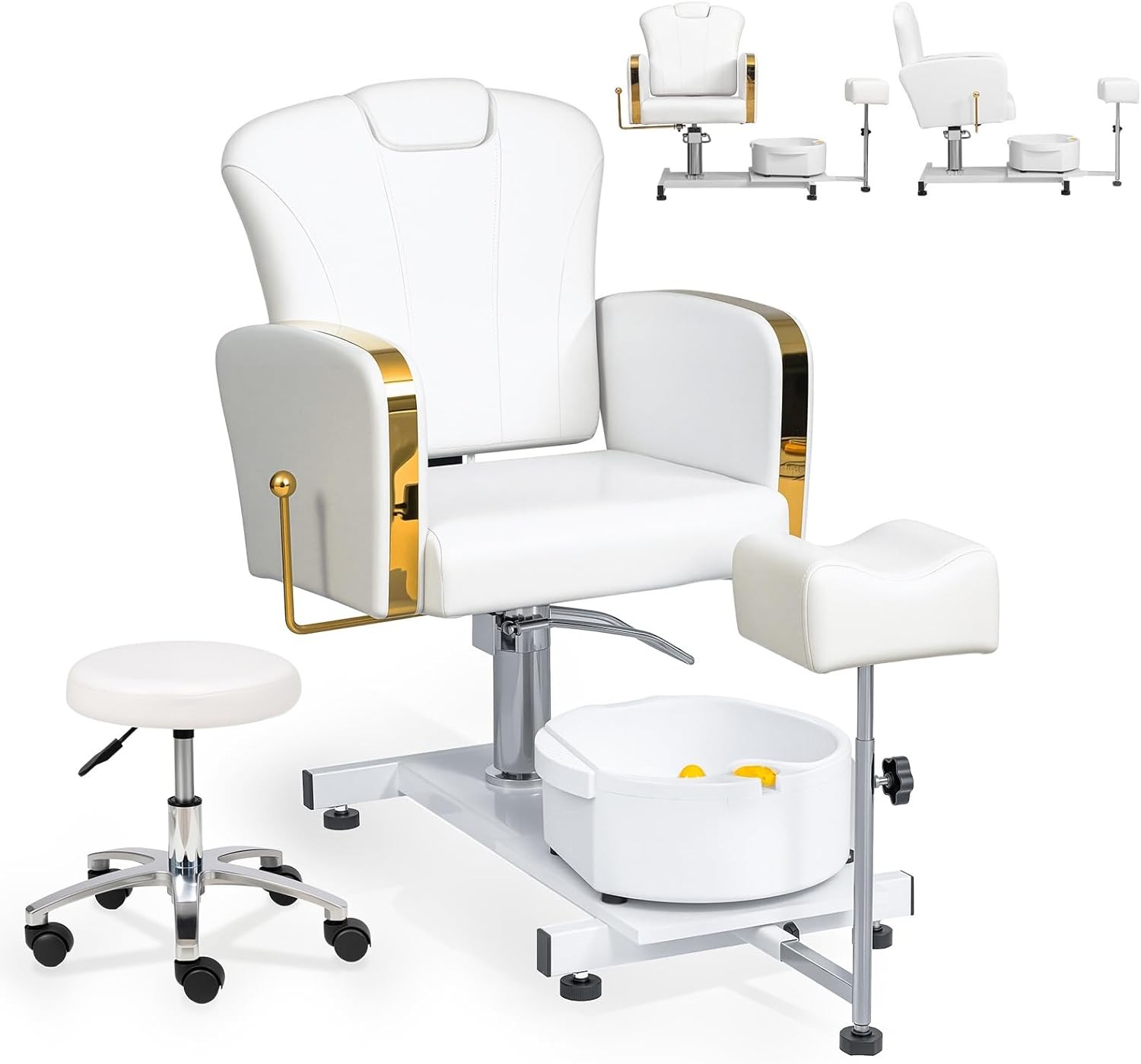 Pedicure Spa Chair with Bubble Foot Bath & Stool, 360° Rotation Hydraulic Seat