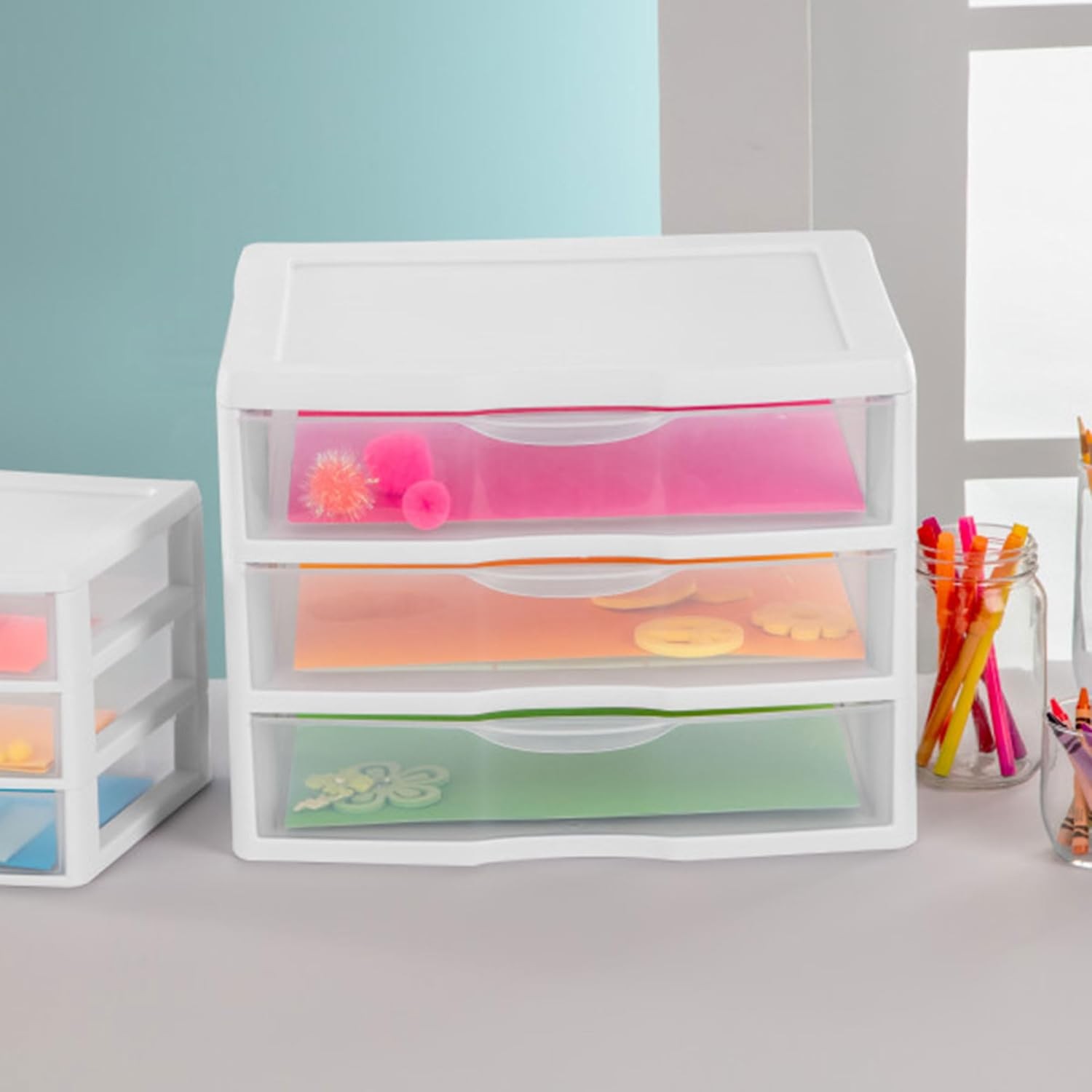 3-Pack Wide 3 Drawer Unit, Plastic Desktop Organizer with Clear Drawers