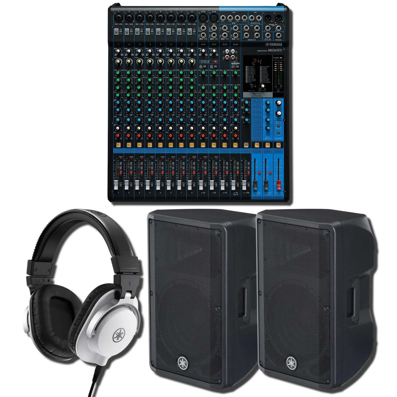 Yamaha MG16XU 16-Ch USB Mixer w/ 2x DBR12 1000W Speakers & HPH-MT5W Headphones