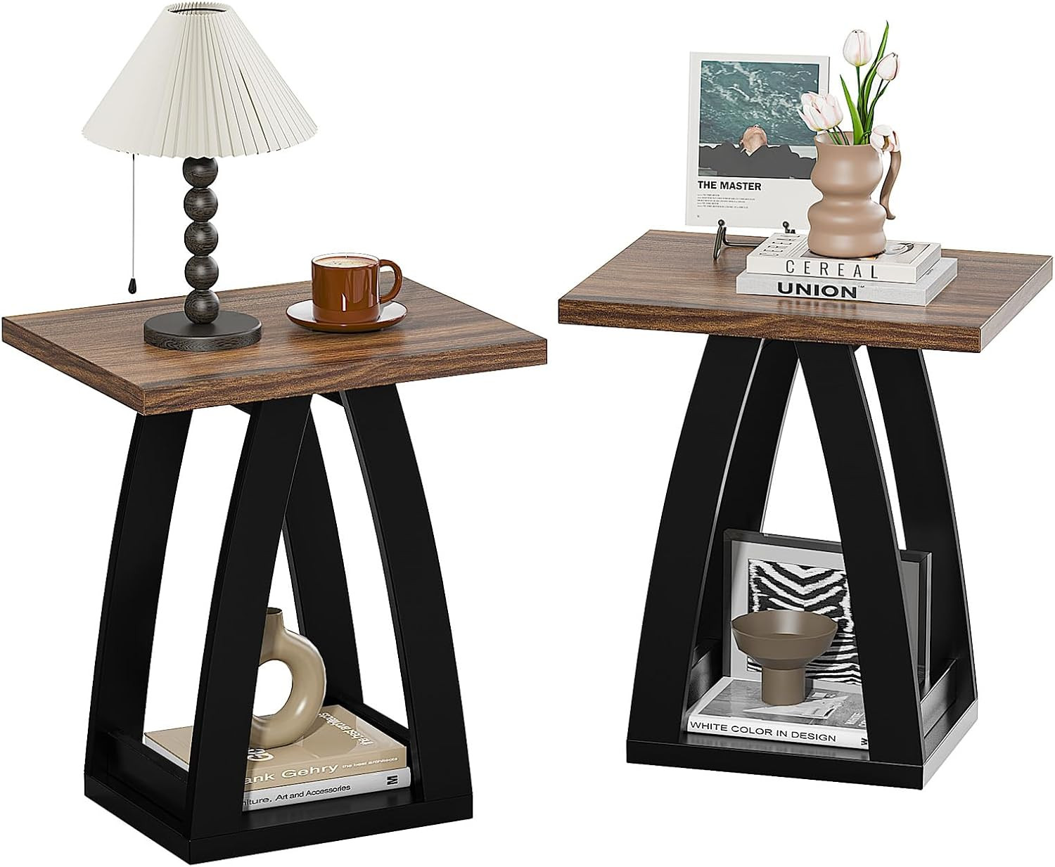 End Table Set of 2, Side Table Living Room,Nightstand Black&Brown | Sofa Side Ta