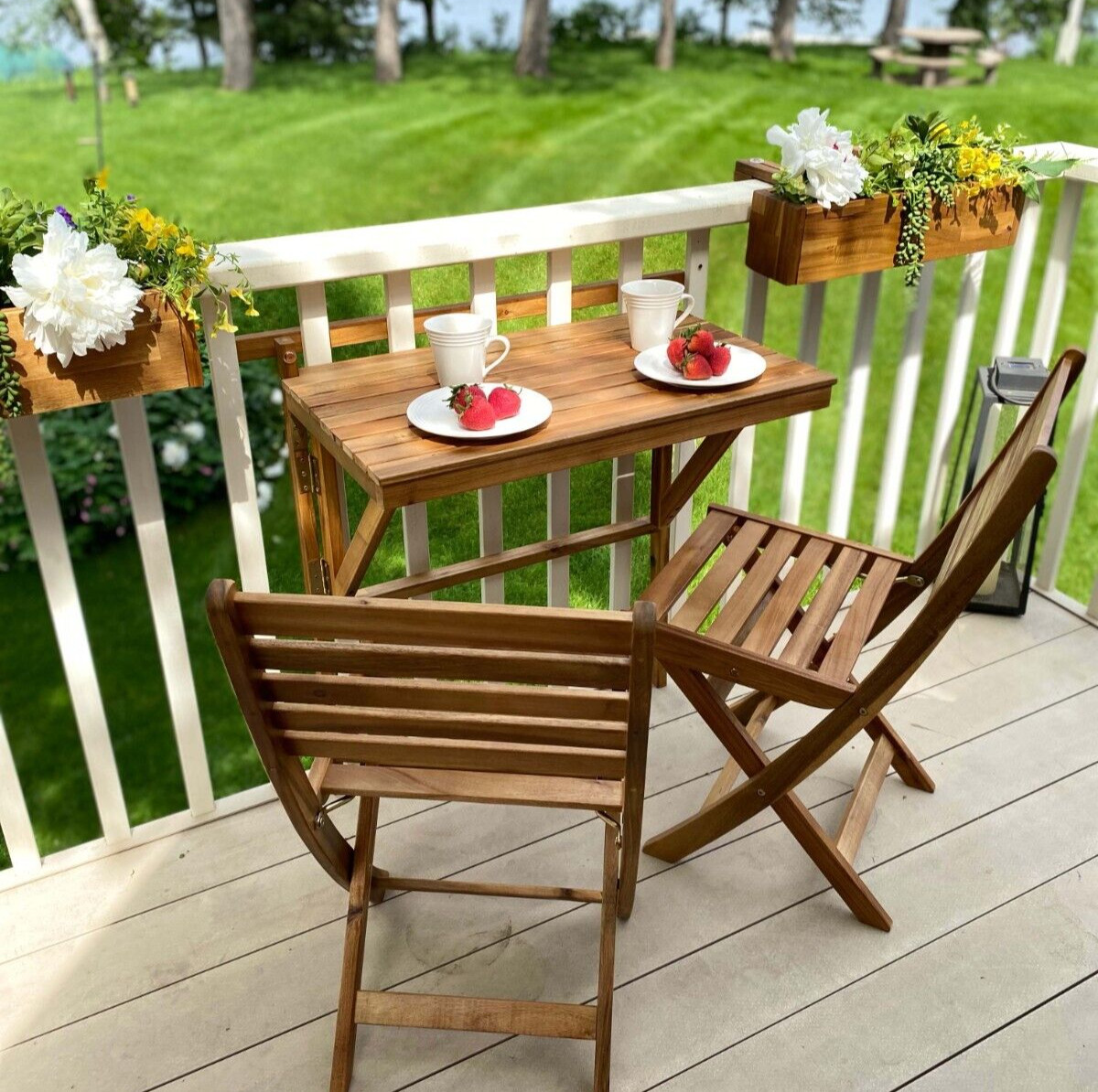 Patio Wise Outdoor Folding Acacia Wood Balcony Railing Table, Foldable Deck Bar