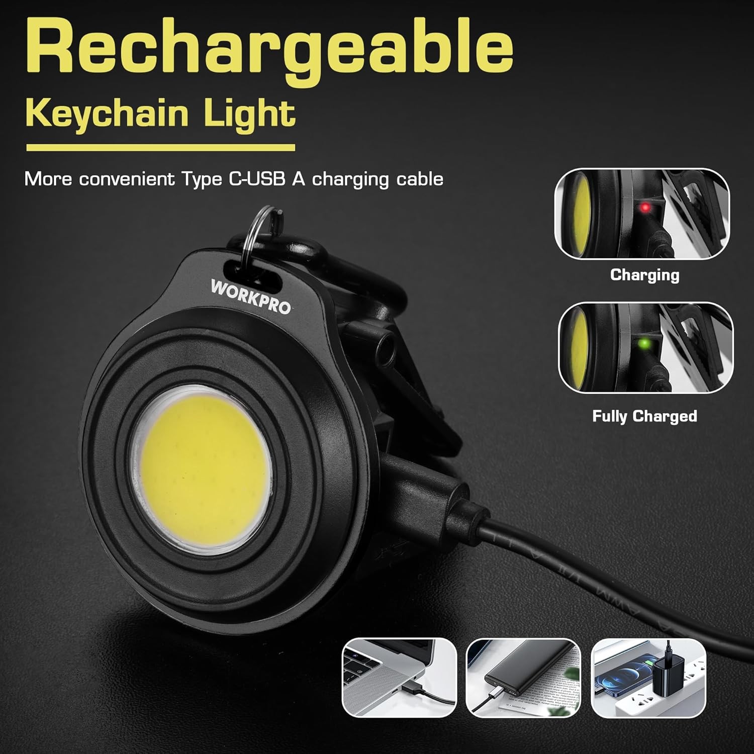 WORKPRO Rechargeable Magnetic COB LED Keychain Work Light Flashlight w/Hat Clip