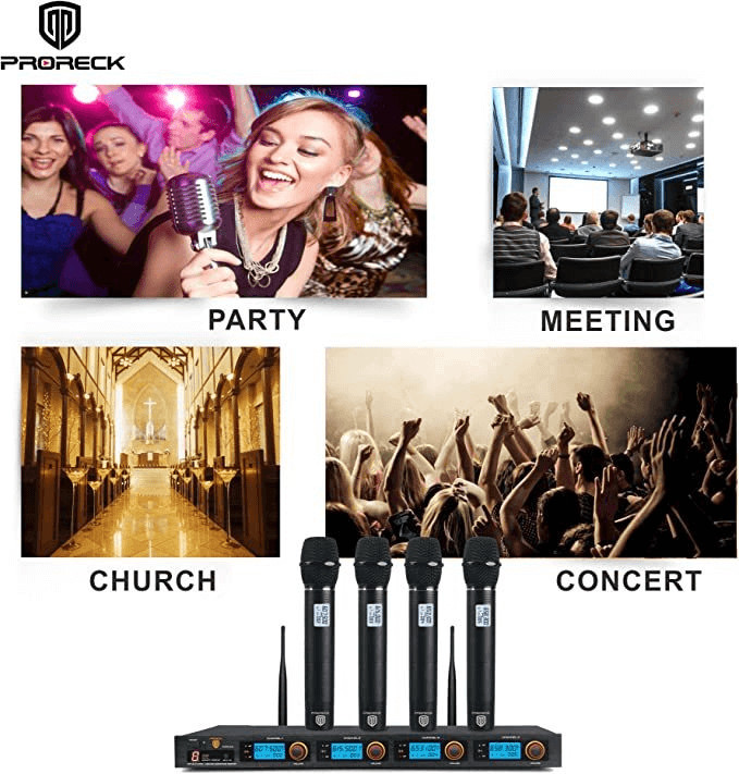 PRORECK MX44 4-Channel UHF Wireless Microphone System 4 Handheld Mics Karaoke