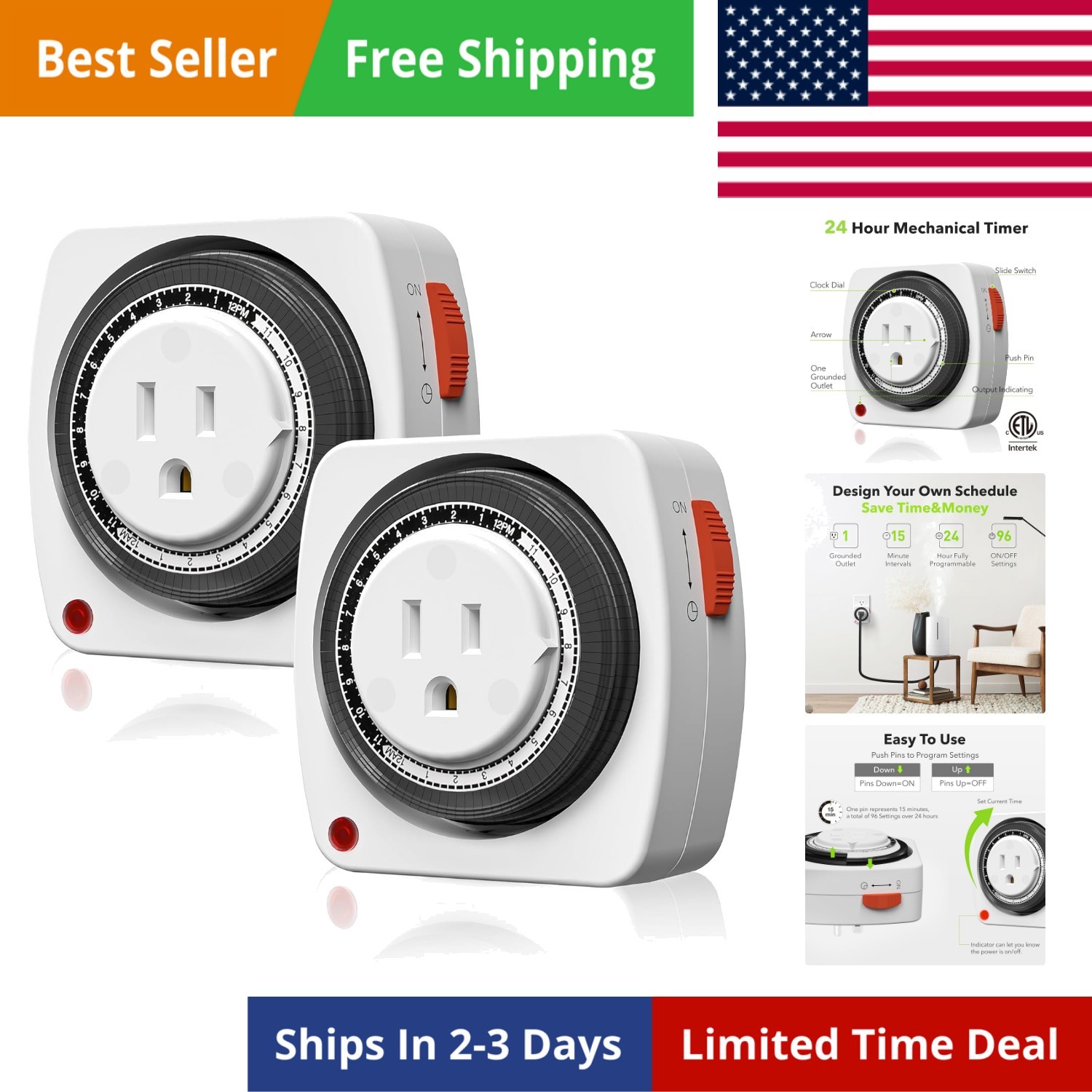 Outlet Timer Indoor, 24-Hour Heavy Duty Mechanical Light Timer with 15-Minute...