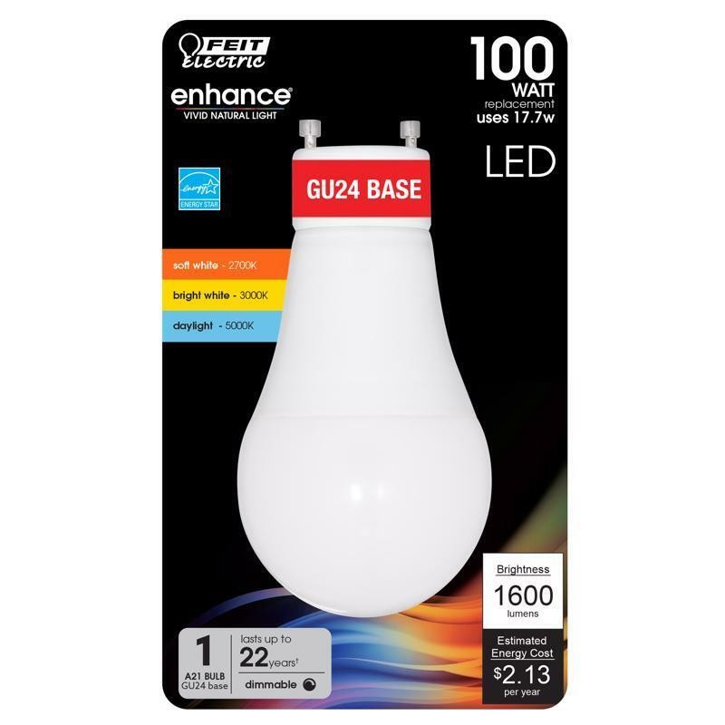 Feit A21 GU24 LED Bulb Adjustable White 100 Watt Equivalence