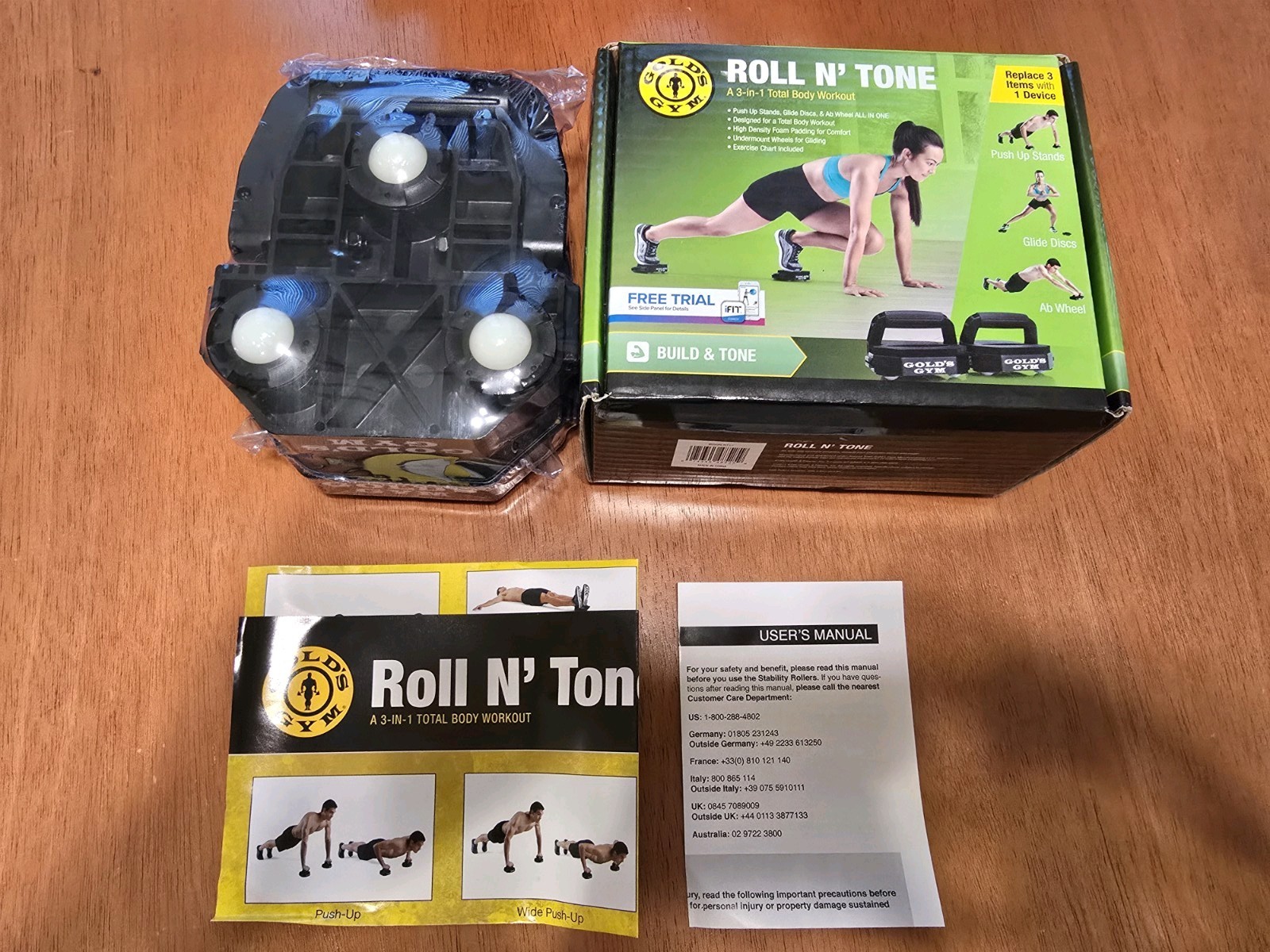 Gold's Gym Roll N' Tone 3-in-1 Ab Roller Wheel w/ Push Up Stands & Glide Discs