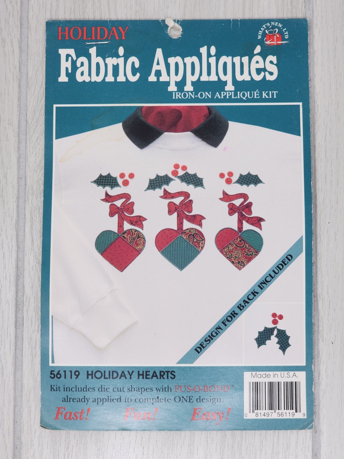 What's New "HOLIDAY HEARTS" Christmas Iron-On Fabric Appliques Kit #56119 - New!
