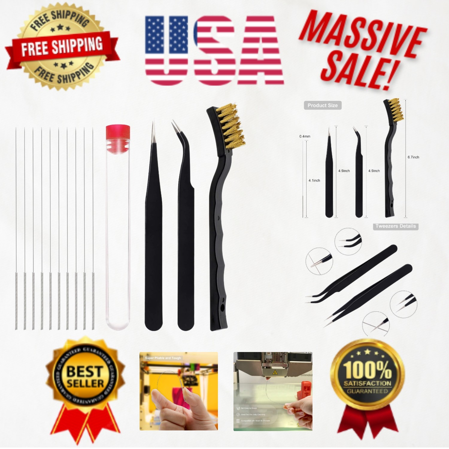 Professional 3D Printer Nozzle Cleaner Set - Tweezers & Copper Brush Included