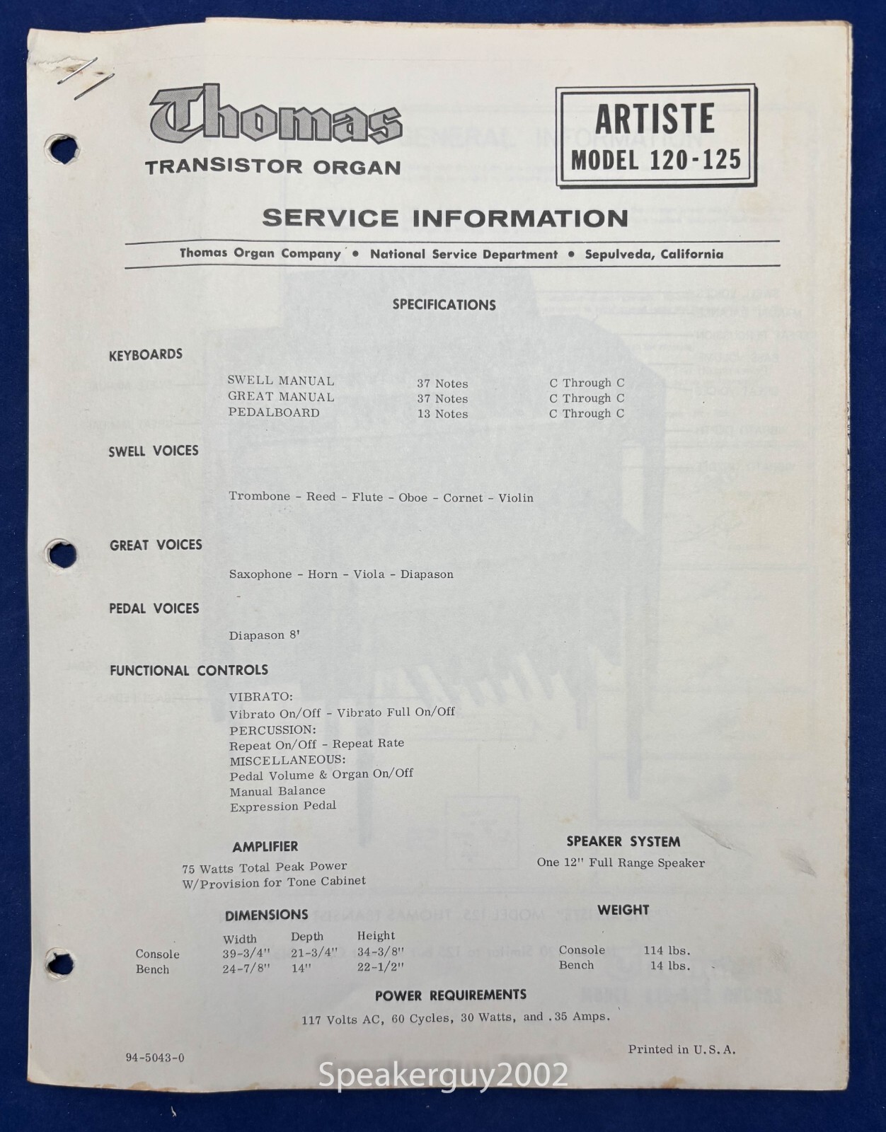 Original Thomas Organ Service Manual / Artiste 120 125 -- #3