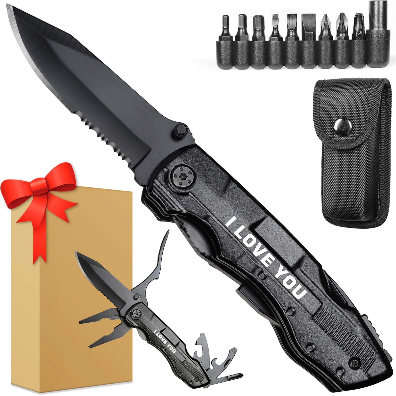 Gifts for Boyfriend Him Husband Men, Multitool Knife”I LOVE Black(i Love You)