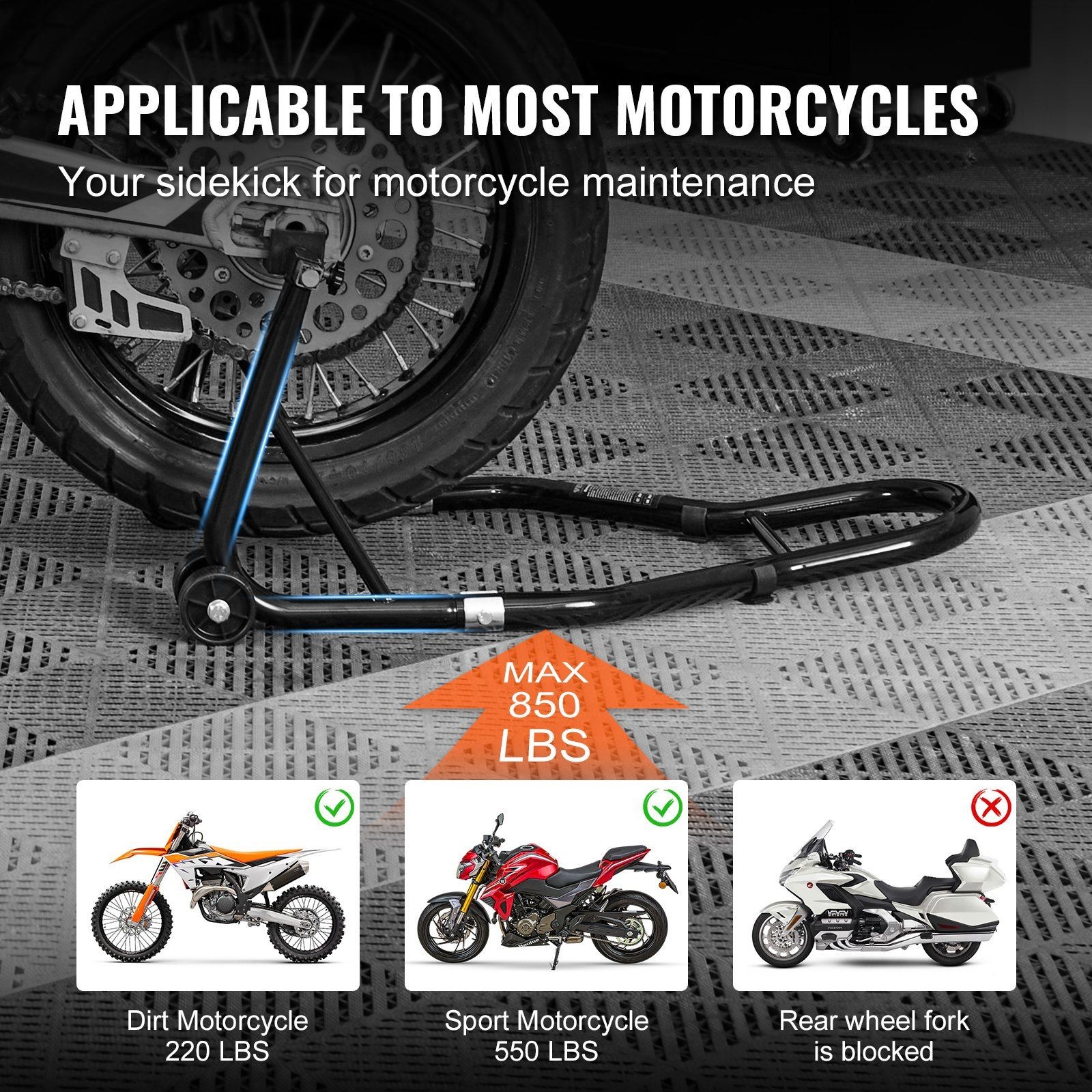 Motorcycle Rear Jack Stand 850lb Capacity with Interchangeable Forks Black