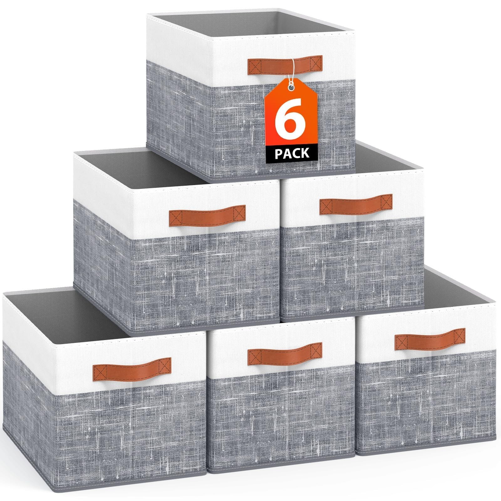 6 Pack Foldable Fabric Storage Bins Double Leather Handles White Grey 14x10