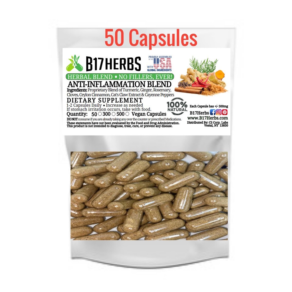 Turmeric Blend w/ Ginger | Cayenne | Clove |  Cinnamon | Anti Infla. Blend 50 ct