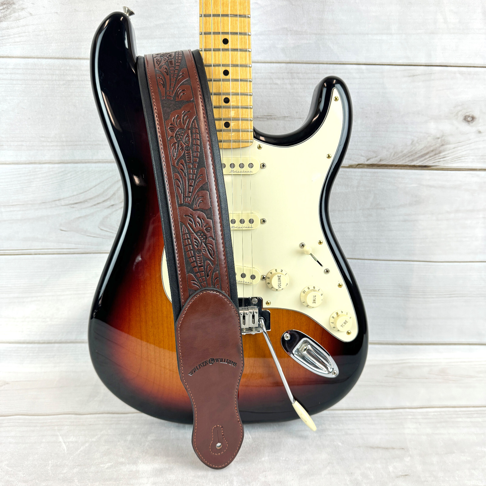 Walker And Williams G-110 Mahogany Brown Padded Strap with Embossed Tooling 