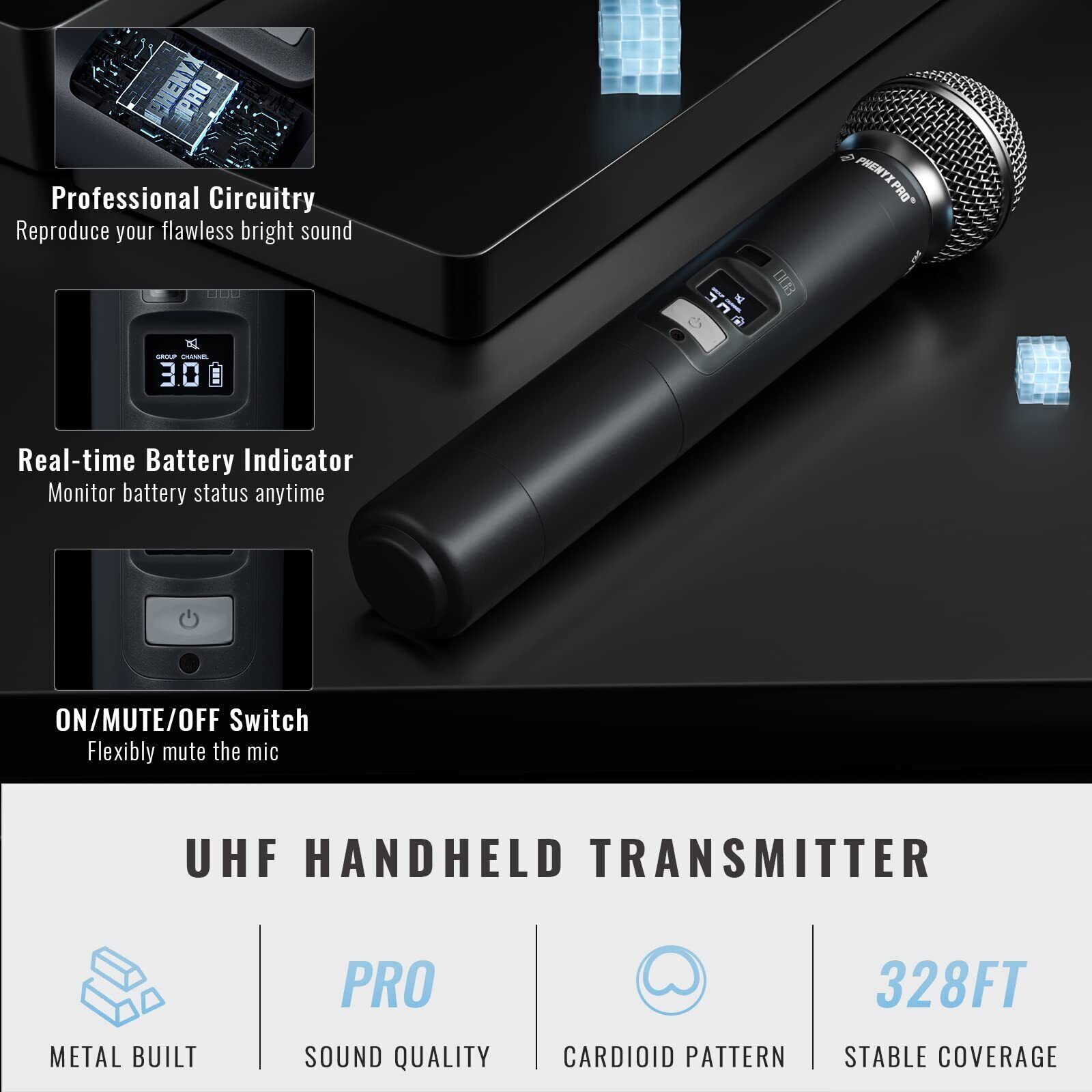 Wireless Microphone System, Dual Mic Set with Handheld/Bodypack/Lapel Mics