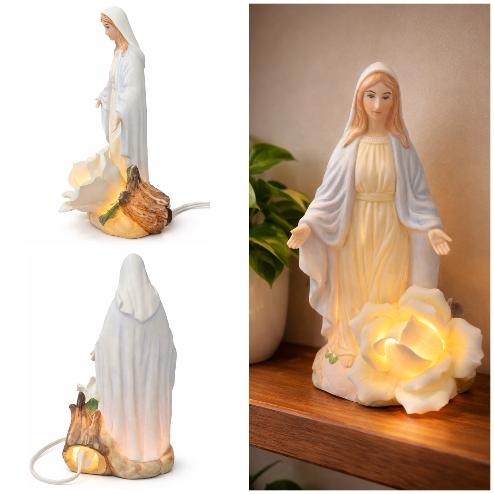 Vintage Our Lady of Grace Plug In Ceramic Night Light, White Rose On/Off Switch