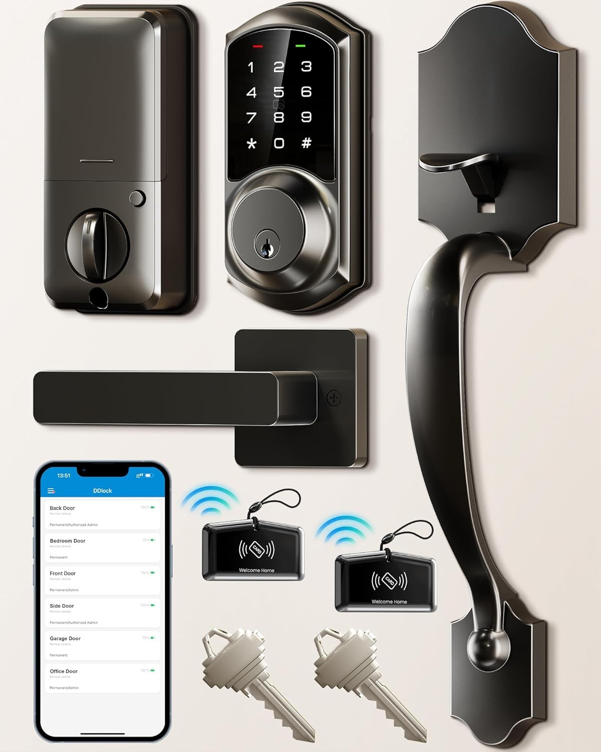 Smart Front Door Lock Set, App Control, Keyless Entry Deadbolt with Lever Handle