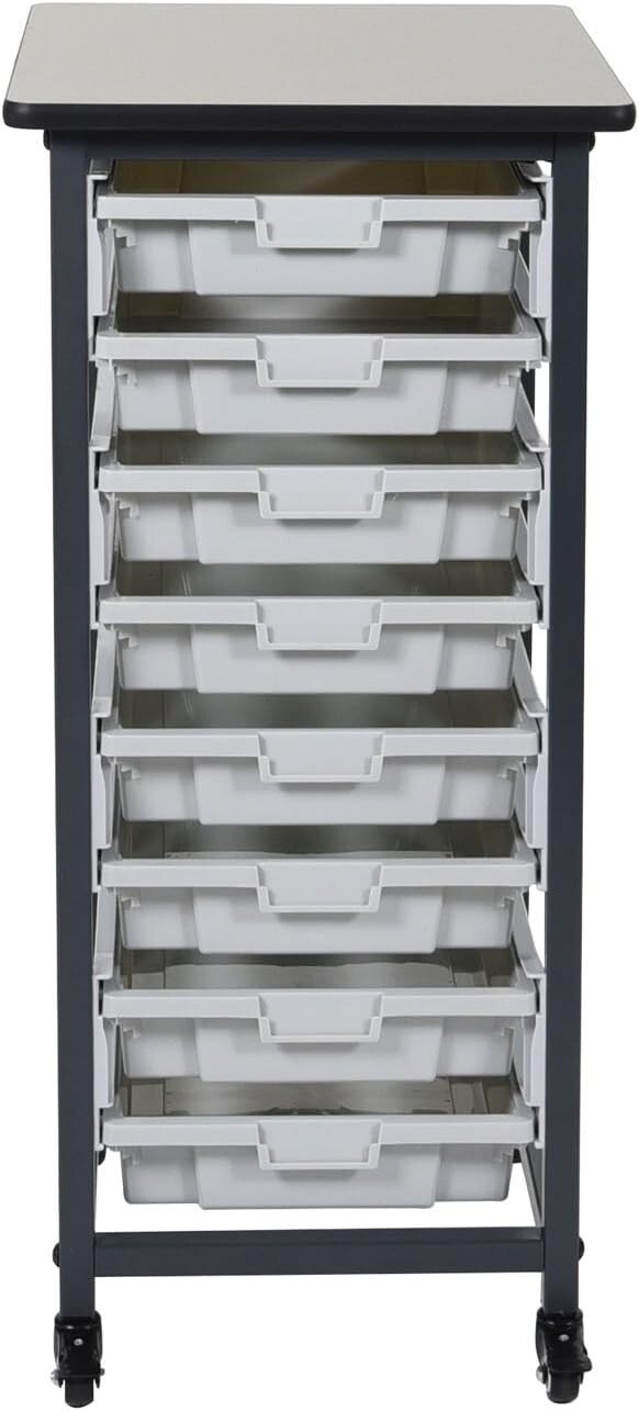 LUXOR MBS-SR-8S Mobile Bin Storage Unit - Single Row with Small Gray Bins