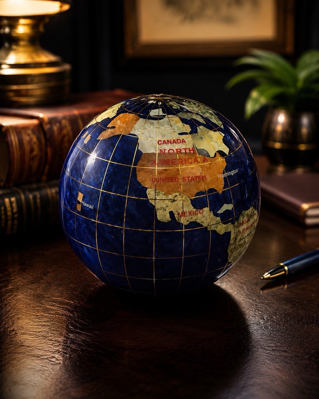 World Globe Mineral Stone Inlay Longitude Lattitude Blue Desktop Paper Weight 3”