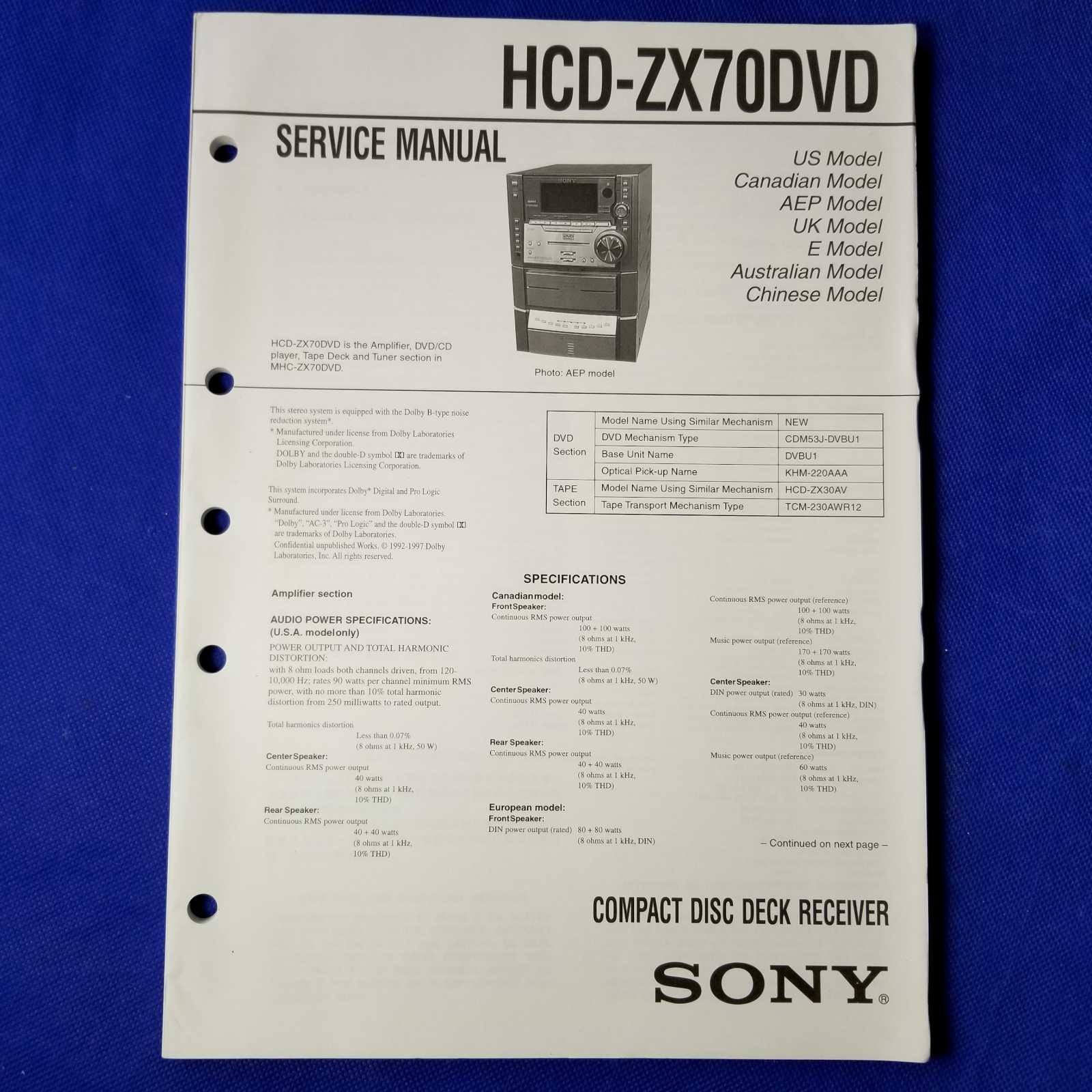 SONY HCD-ZX70DVD Service Manual Original Paper OEM Repair Guide - USA