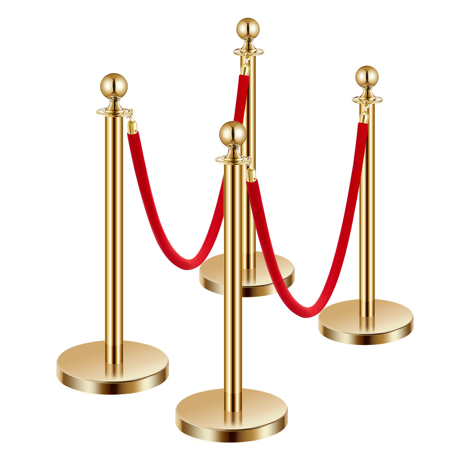 4 Pcs Gold Stanchion Post 2 Red Velvet Ropes Sand Injection Hollow Base