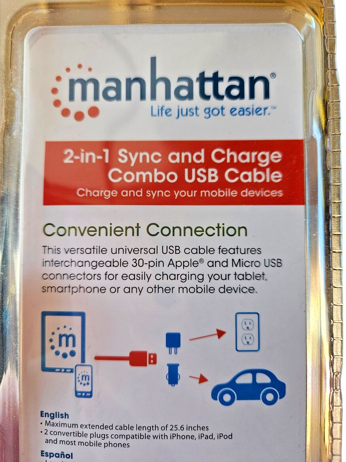 TECH & GO! 2-in-1 SYNC & CHARGE COMBO CABLE, 3 FT.-BLACK-IPHONES, IPADS, ETC (D)