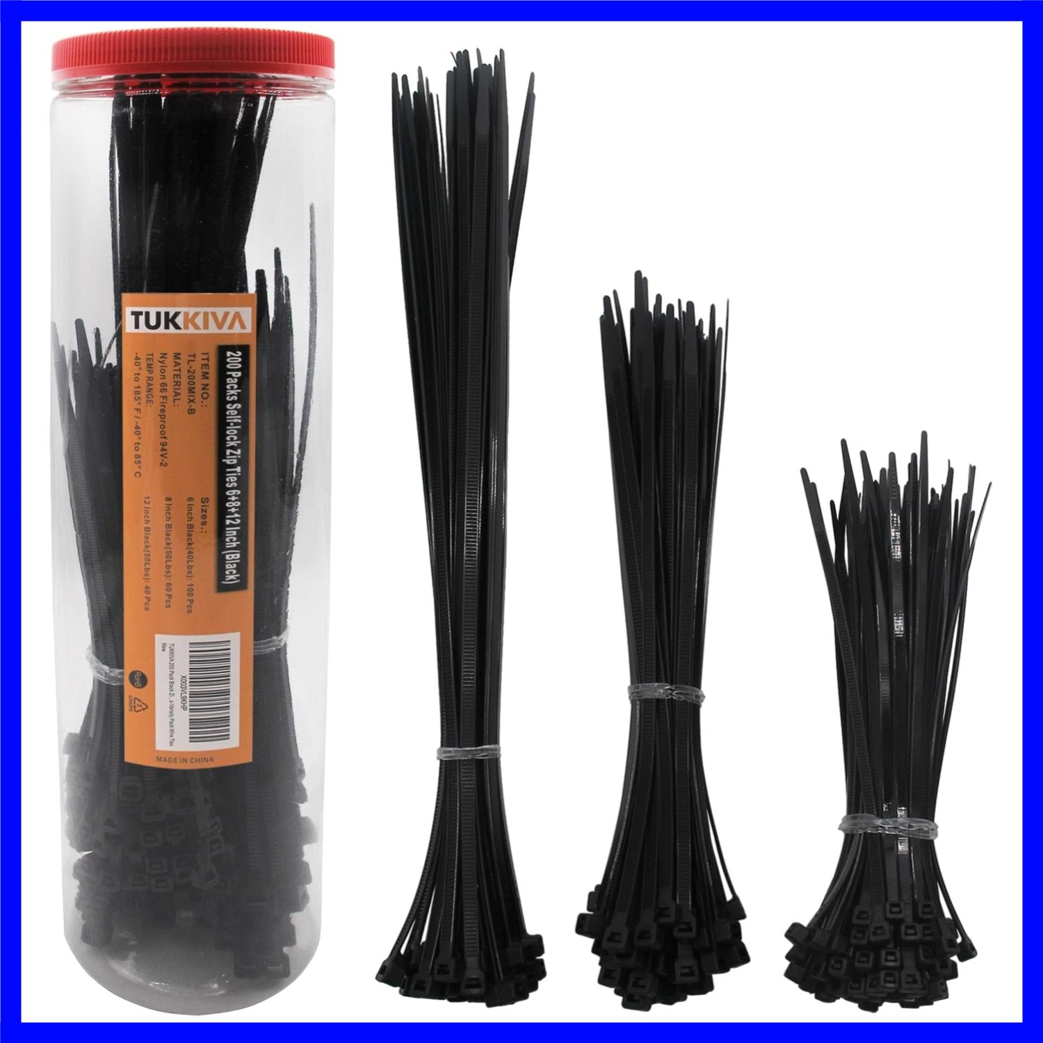 Assorted Black Zip Ties - 200 Pack of Heavy Duty Self-Locking 6, 8, 12 Inch Ties