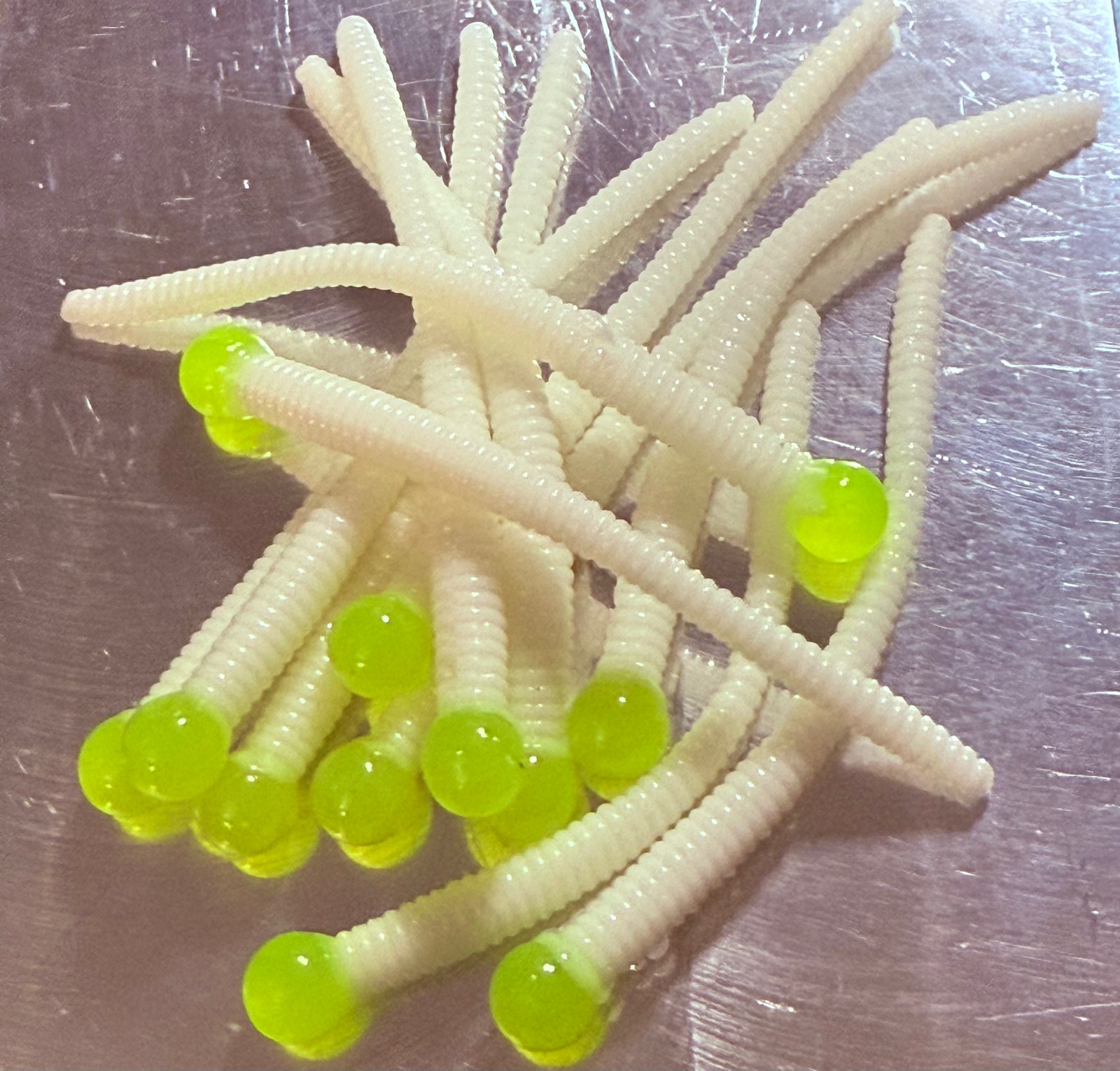 Brains Baits Toxic Bone 3” Floating Mice Tails – White Body with Chartreuse-Lime