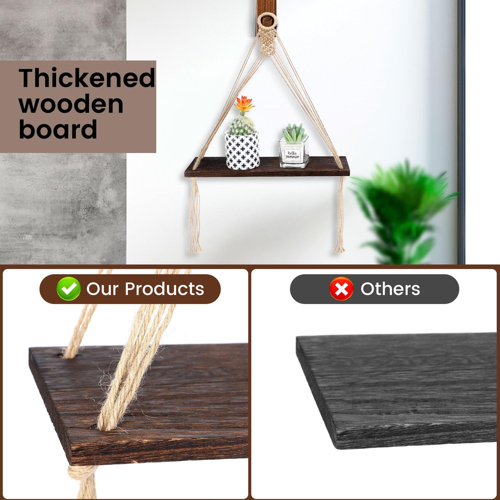 Boho Macrame Wall Decor 2 Pack Wood Wall Hanging Shelves, Storage Floating Sh...