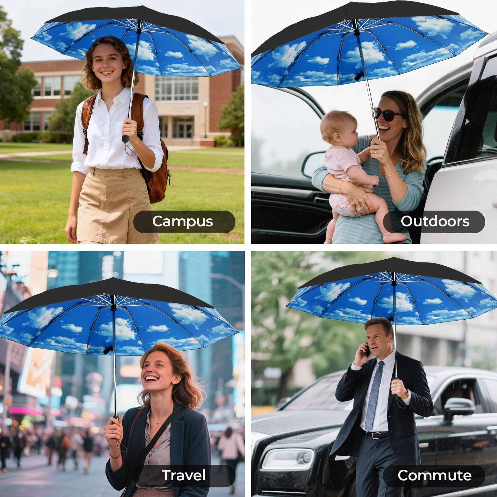 ZDSSM Compact Inverted Travel Umbrella, Automatic Open 46 Inch, High Clouds