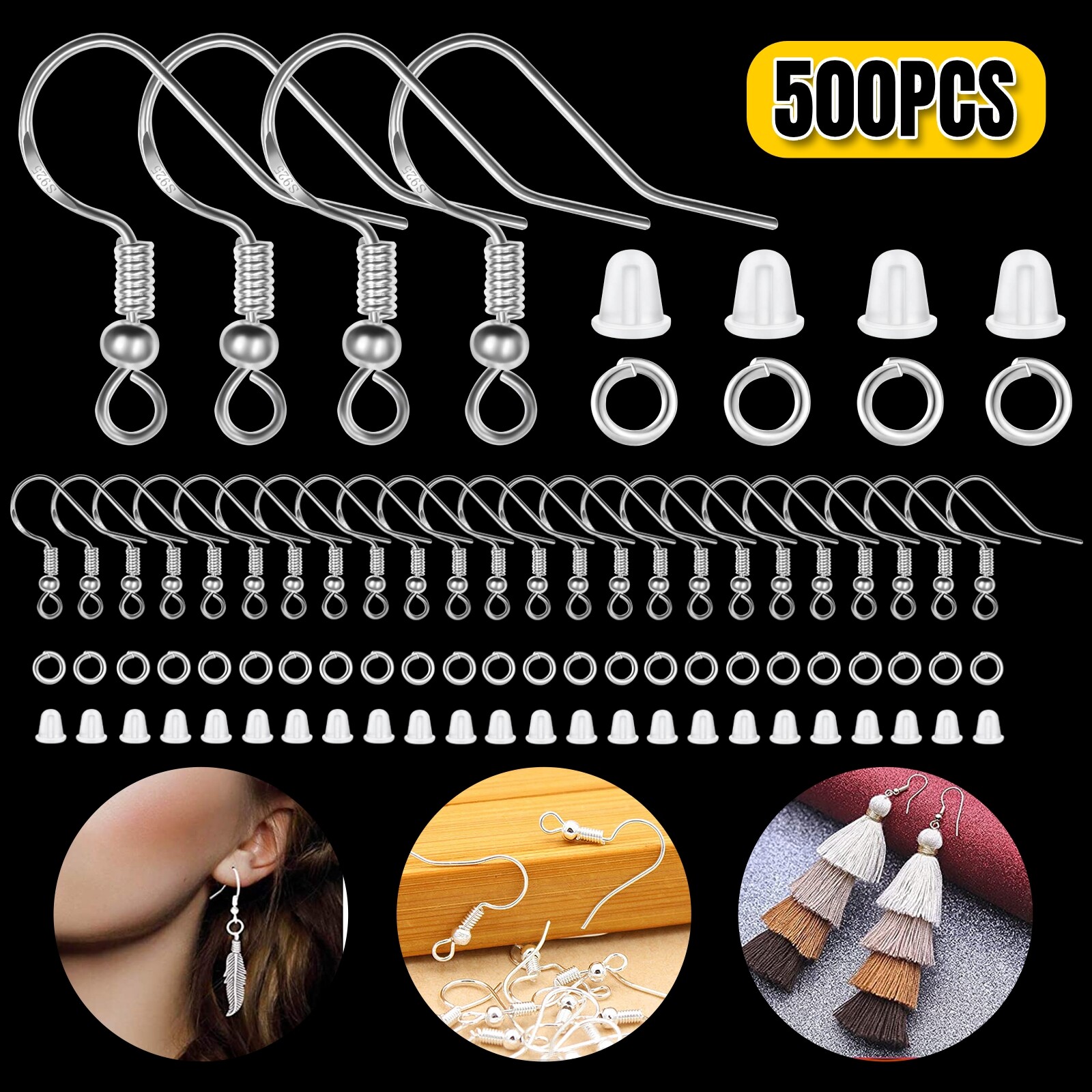 500Pcs Ear Hooks Silver Clasps Findings Earring Wires for DIY Jewelry Making Kit