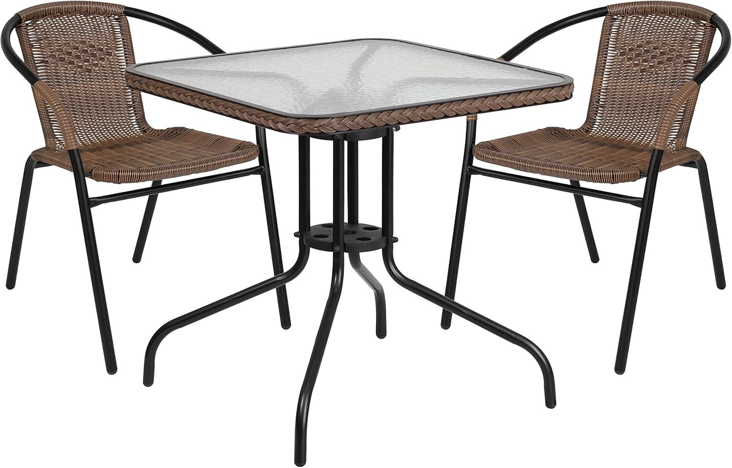 Lila 3-Piece 28" Square Indoor/Outdoor Patio Table and Chairs Set, Glass Metal B
